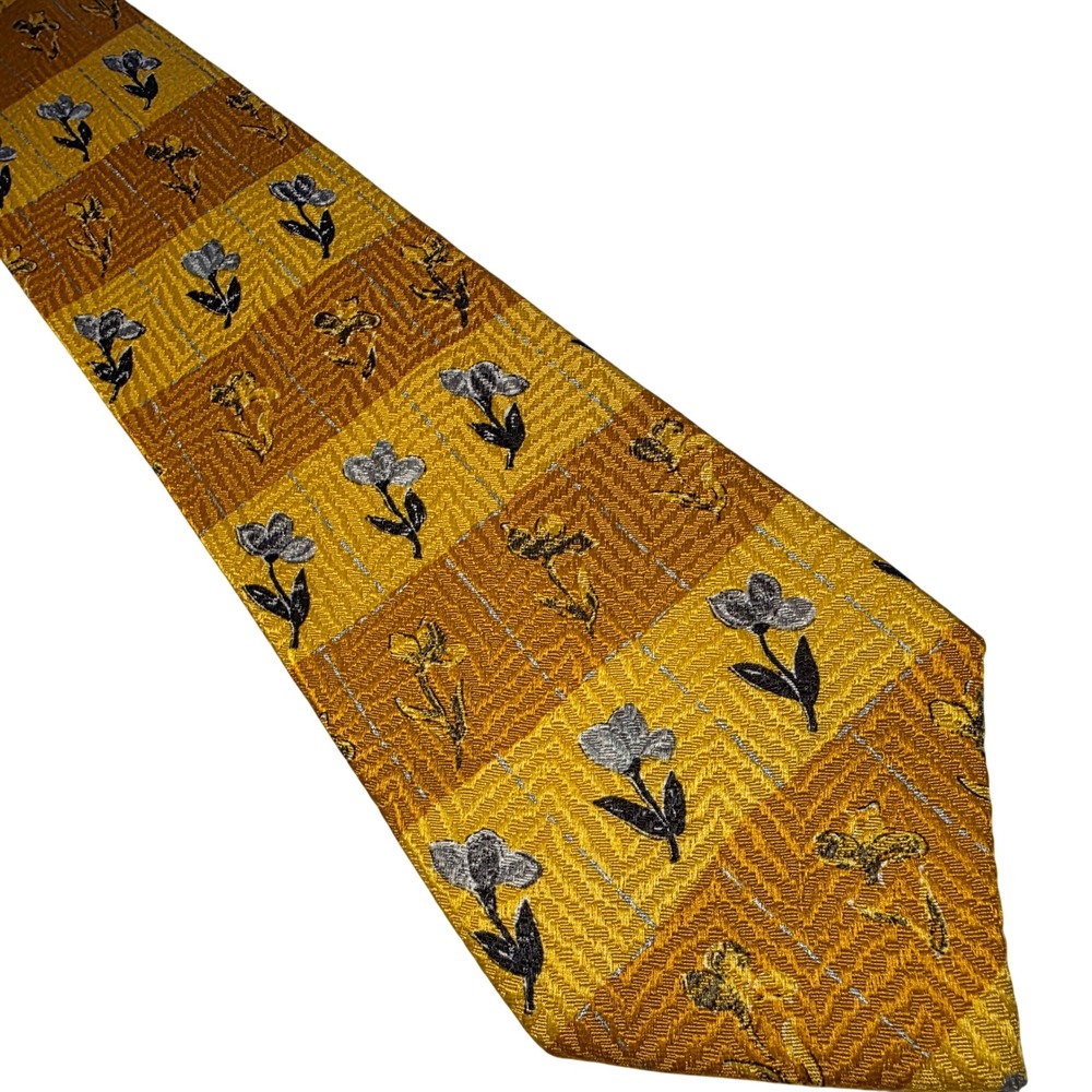 Fumagalli's Mens Silk Tie Hand‎ Made Italy Yellow Orange Floral Tile Pattern